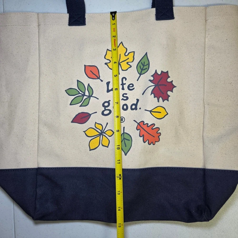 Life Is Good Canvas Tote Bag Cream Navy Blue Fall Leaves Graphic Large 15X18‎